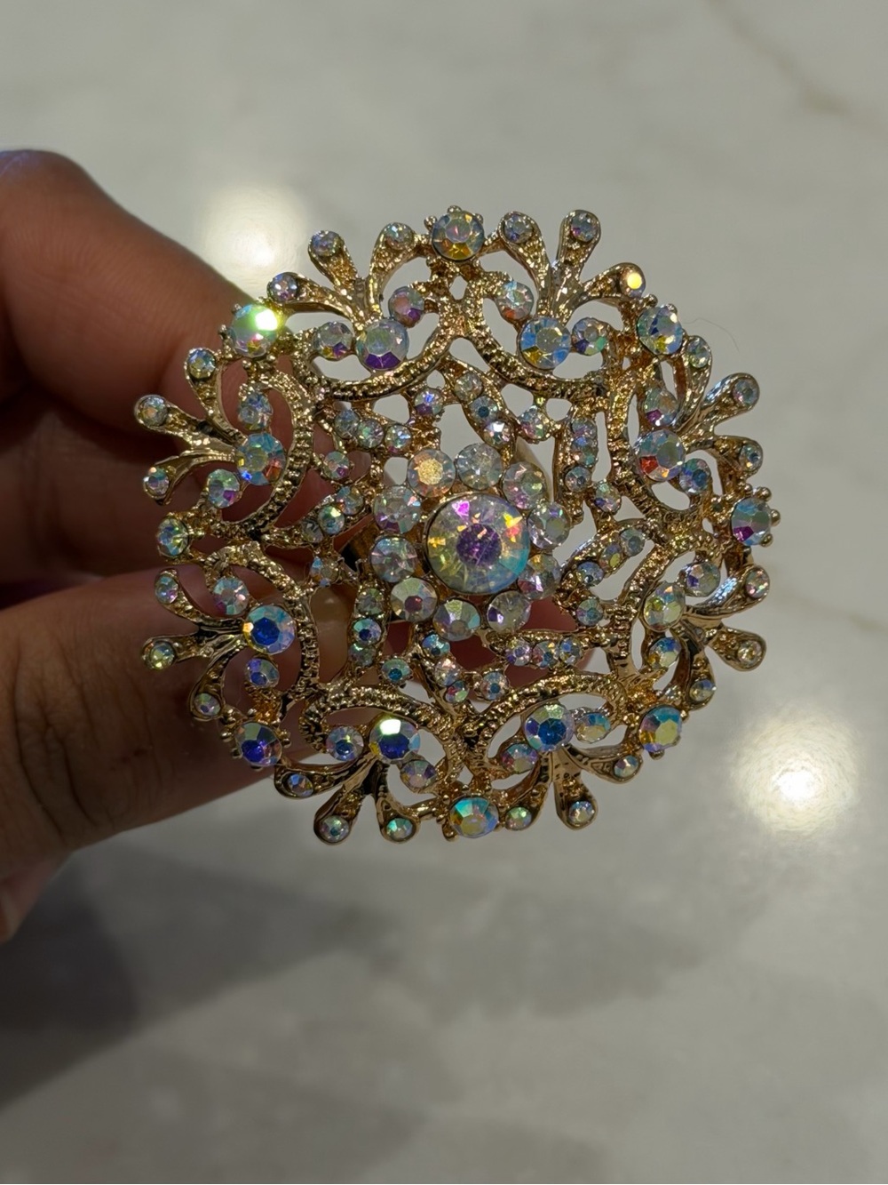 Oversized Aurora Borealis Crystal Filigree Statement Ring | Gold Tone Adjust